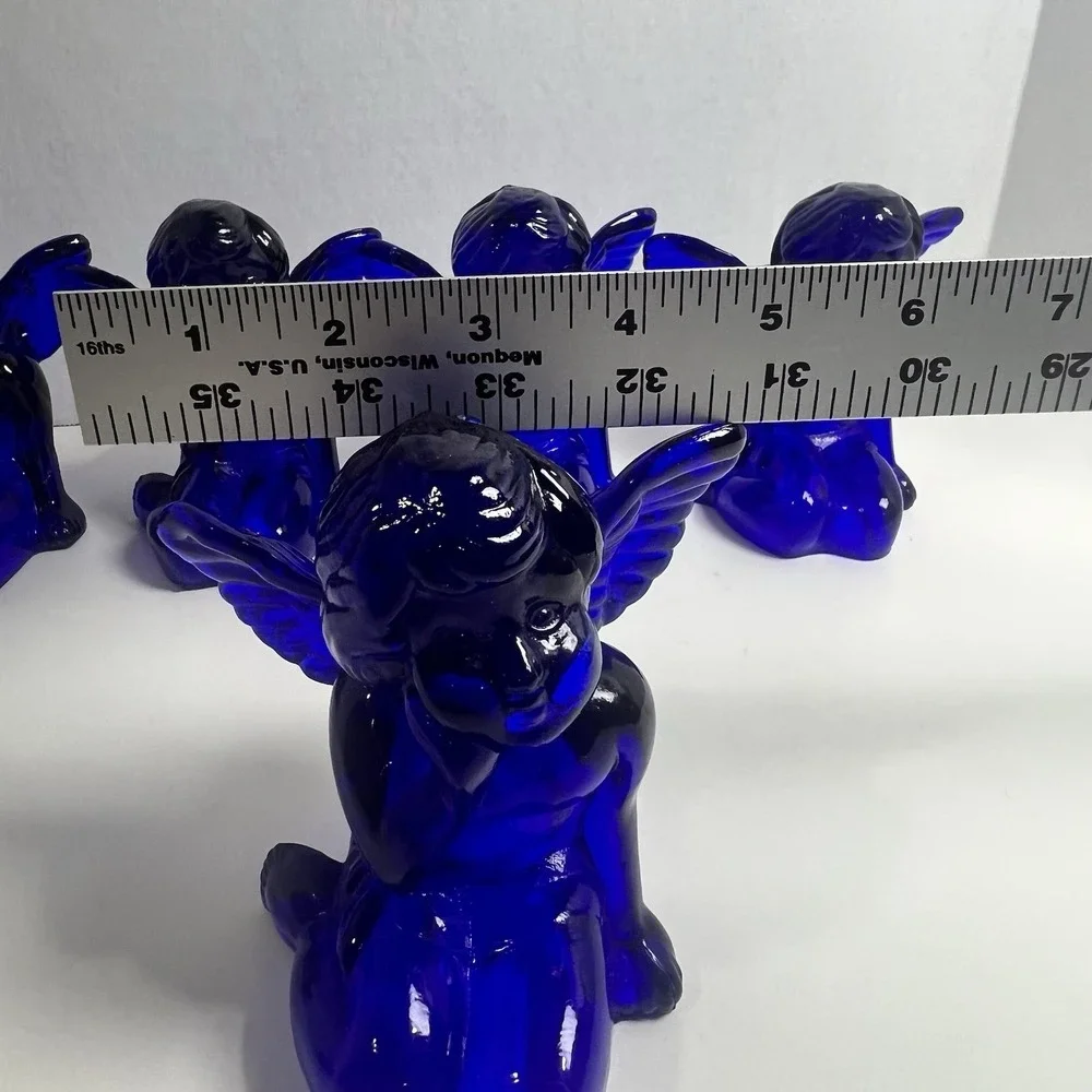 Vintage Cobalt Blue Glass Sitting Cherub Taper Candlestick Holders Set of 6